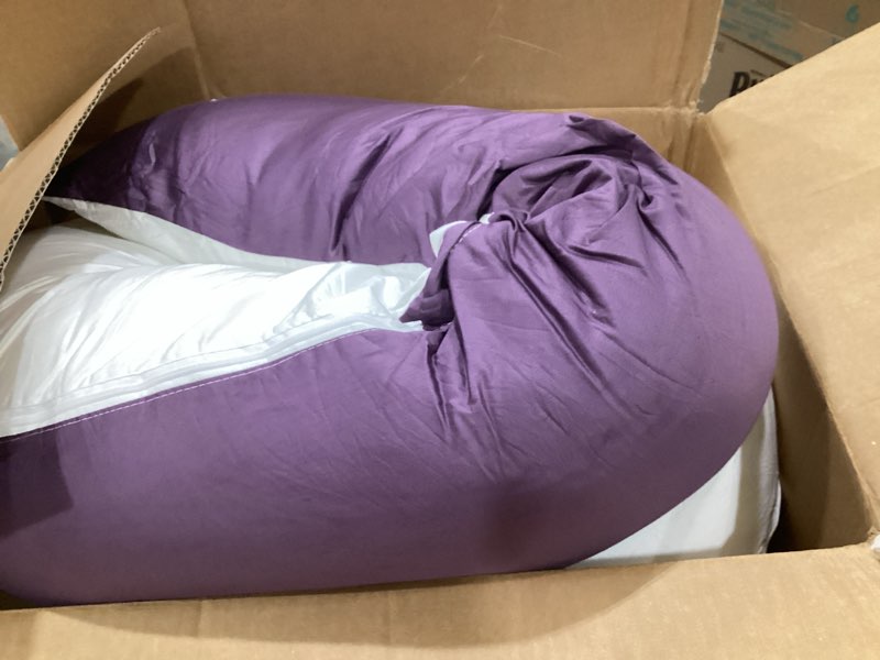 Condition photo showing As Is for queen rose extra long u shaped body pillow, 65in pregnancy pillows for sleeping, full body support for adults and maternity women, cooling sateen cover, purple and white organic sateen - white&purple 65in