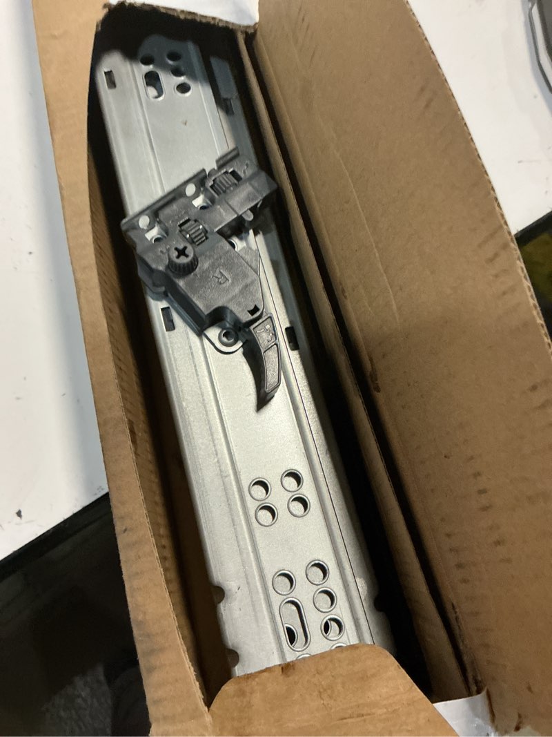 Condition photo showing As Is for soft close bottom mount drawer slides 9 inch rails with rear mounting bracket locking devices screws for face frame or frameless application?9 inch, 1 pair? 9 inch 1 pair