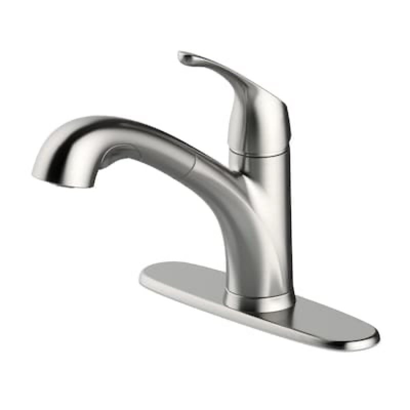 project source everfield stainless steel single handle deck-mount pull-out kitchen faucet with sprayer (includes deck plate)