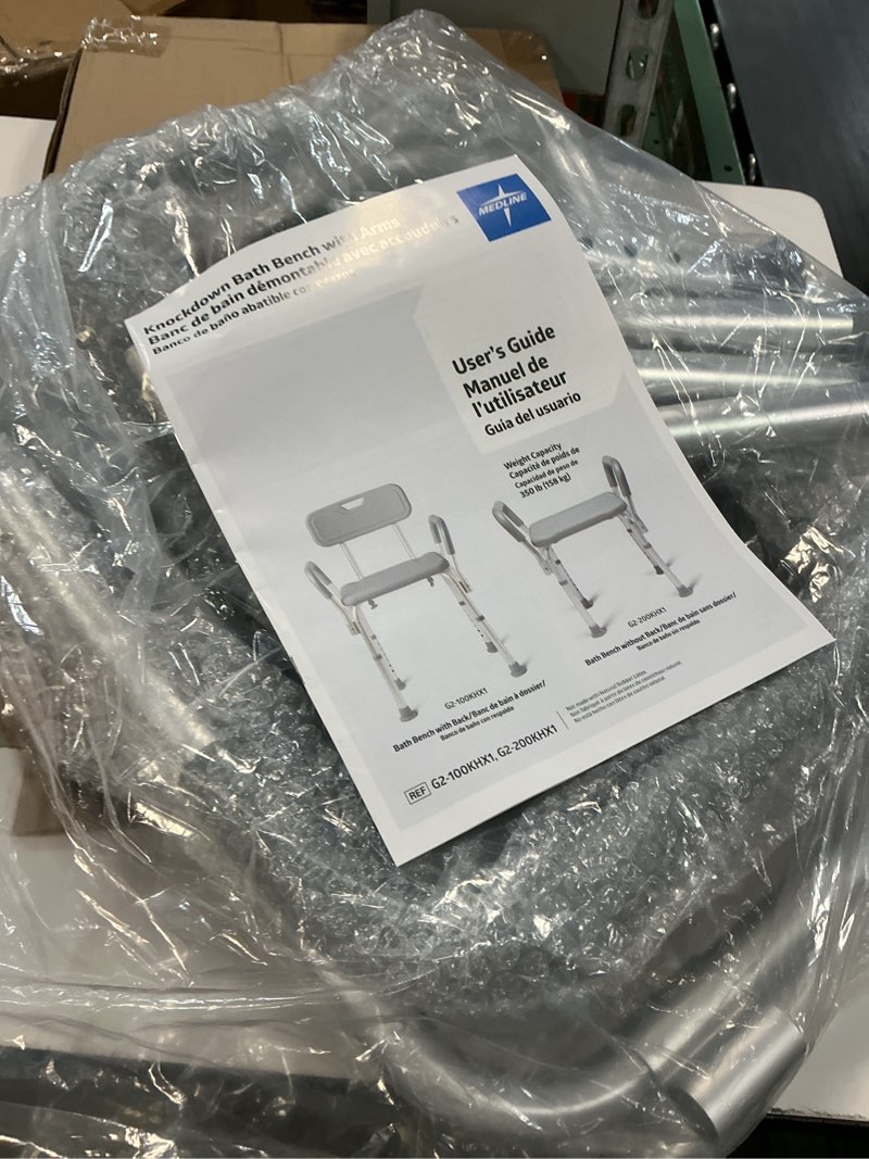 Condition photo showing New/Like New for shower chair, bath chair, padded with armrests, comfortable(tm) deluxe shower chair. institutional quality. (gray)