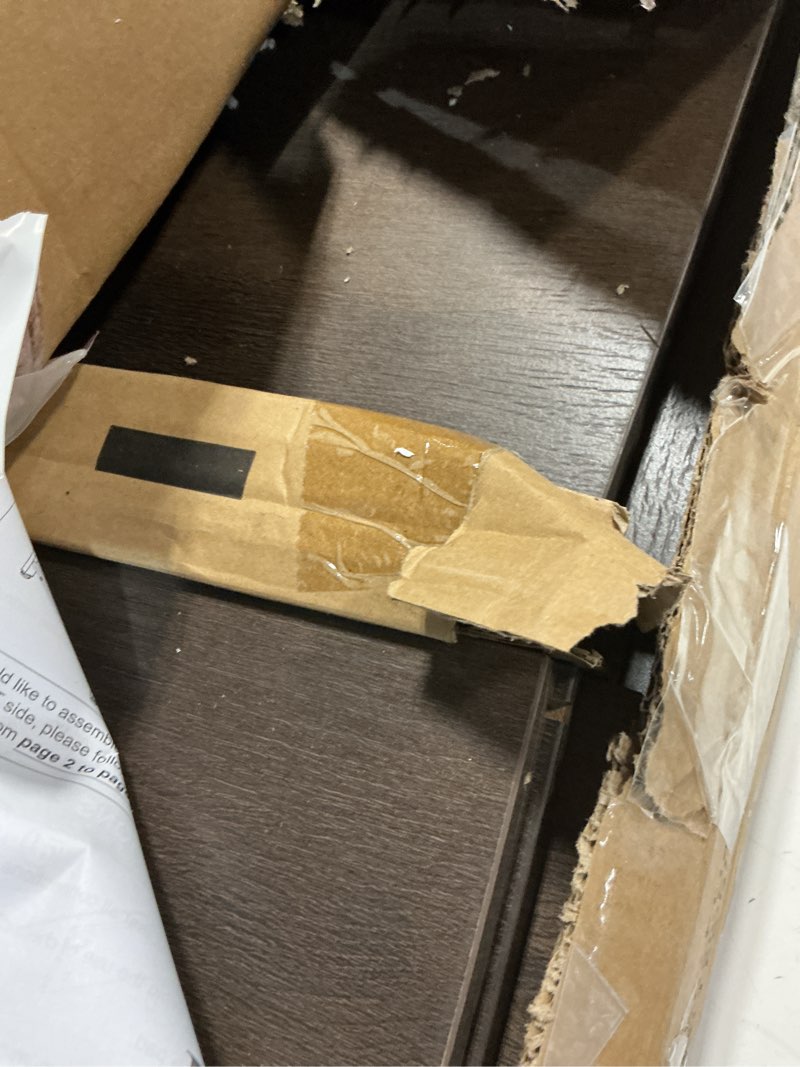 Condition photo showing As Is for fatorri end table with charging station, farmhouse side table with drawer, rustic wood and metal nightstand and bedside tables for living room (walnut brown)