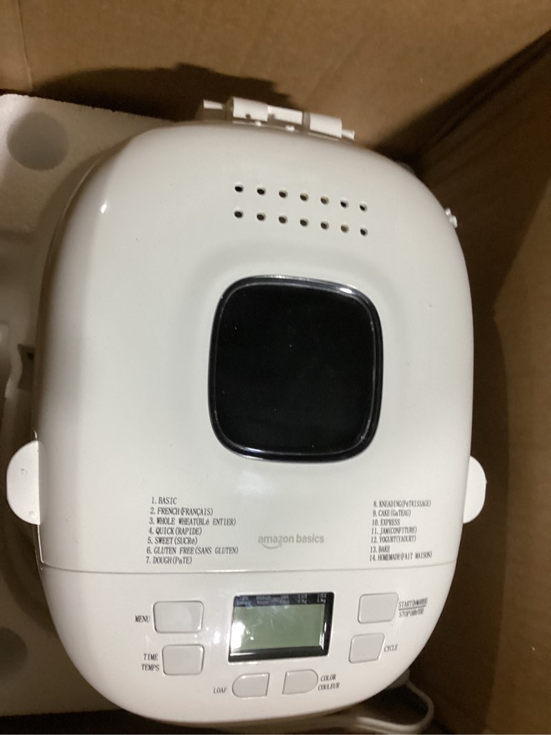 Condition photo showing As Is for Amazon Basics Programmable Bread Maker, 2 Pound Non-Stick Automatic Bread Making Machine, 14 Settings for Breads, Doughs, Gluten-Free Options and More, LCD Display, White