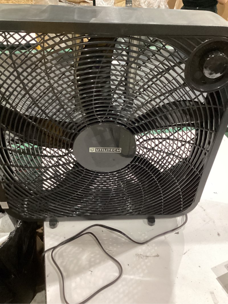 Condition photo showing As Is for utilitech 20-in high velocity indoor box fan, in black