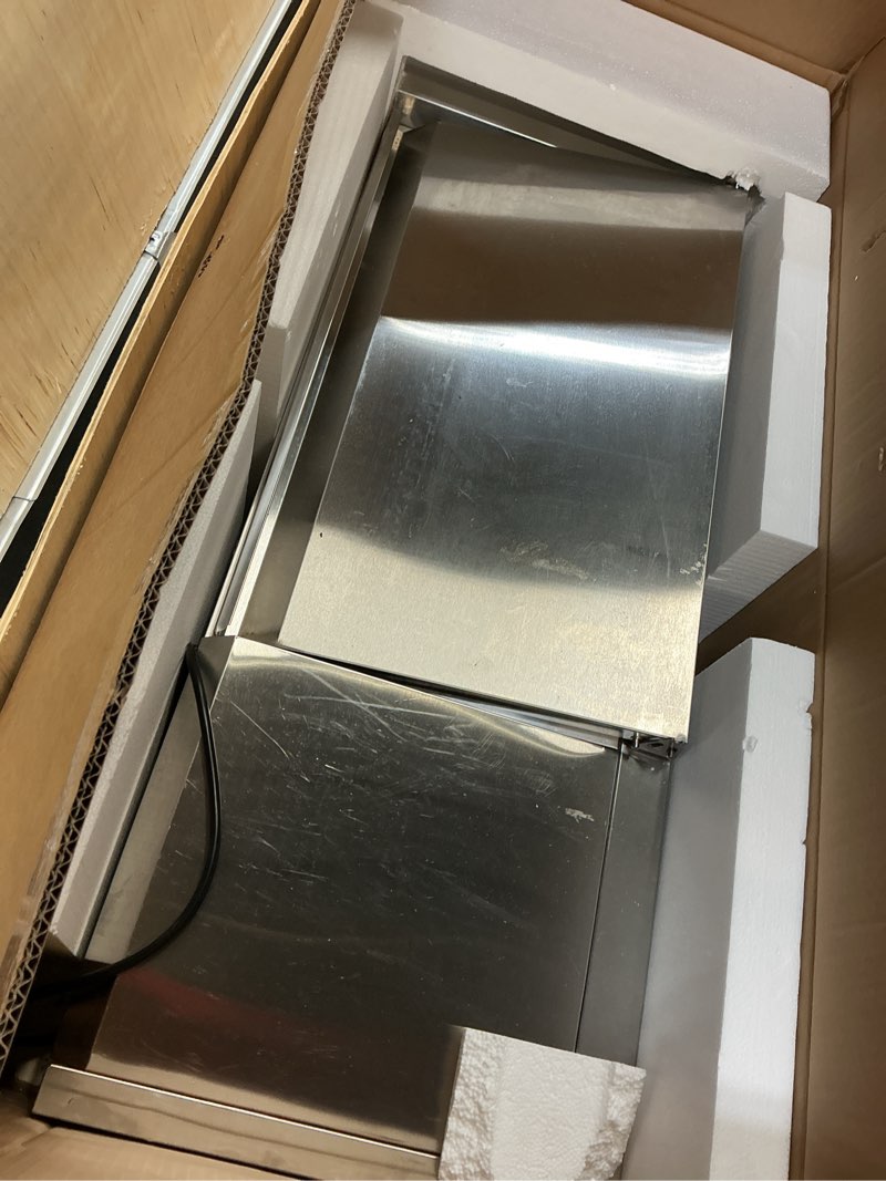 Condition photo showing As Is for vevor refrigerated condiment prep station, 120 w countertop refrigerated condiment station, with one 1/3 pan & four 1/6 pans, 304 stainless body and pc lid, sandwich prep table with stainless guard new stainless 40 in