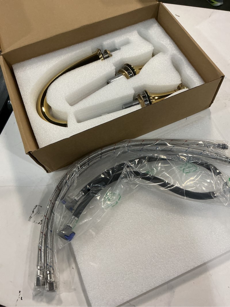 Condition photo showing New/Like New for sanitemodar polished gold bathroom sink faucet,brass bathroom faucet 3 hole,widespread bathroom faucet for sink 3 hole,2 handles design with water supply lines without pop-up drain polished gold a