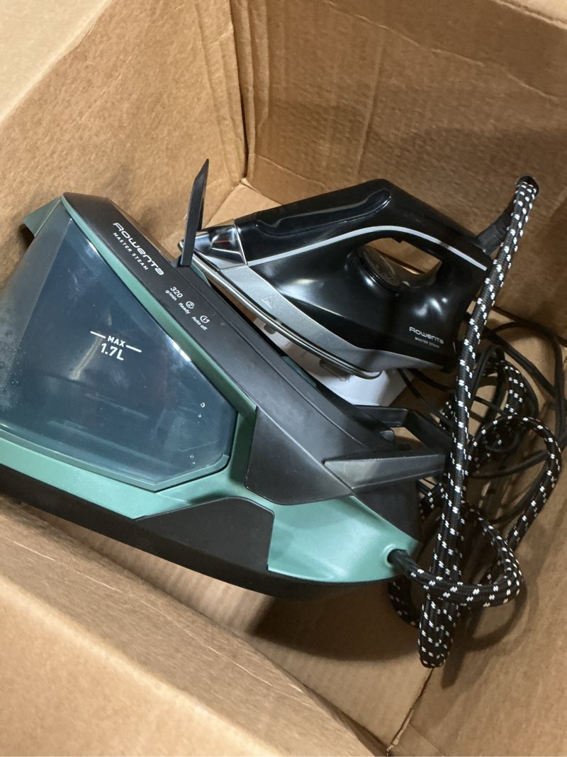 Condition photo showing As Is for rowenta iron steamer for clothes master steam station, professional steam iron for clothes with stainless steel soleplate, 57 oz, 400 microsteam holes, built-in pump, 1750 watts, black/green, vr8338 xl steam sessions