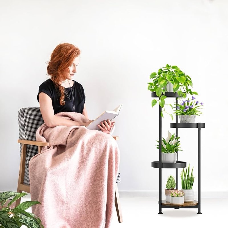 plant stand indoor outdoor, 4 tier metal flower pot shelf holder clearance, tall corner rack for multiple plants, modern organizer display for patio orchid office porch living room garden, black