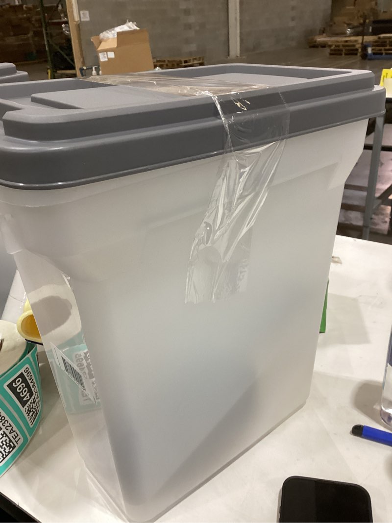 Condition photo showing New/Like New for IRIS USA Dog Food Storage Container, Airtight Lid, 2-Cup Scoop, Up to 13 Pounds Pet Food Storage, Versatile Pet Food Bin, Treats, BPA Free, Dark Gray 13 lbs Clear/Dark Gray