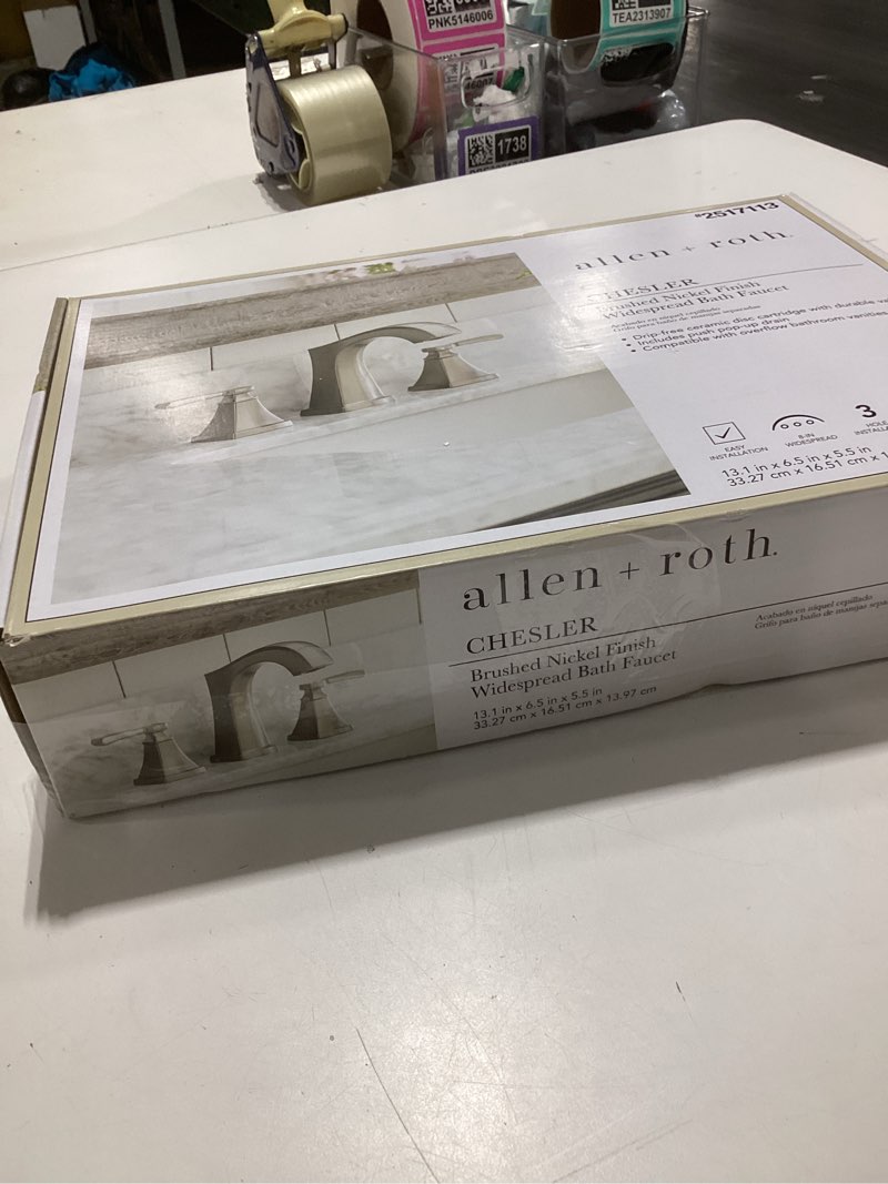 Condition photo showing As Is for allen + roth chesler brushed nickel widespread 2-handle watersense mid-arc residential handle bathroom sink faucet with drain