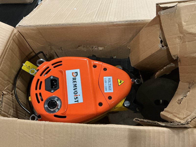 Condition photo showing As Is for 2-in-1 electric hoist winch, 660 lbs capacity, 1500w portable power winch crane, 98.4 ft lifting height, 62 ft/min with wired and wireless remote control for factory, warehouss, garage 2-in-1 660lbs