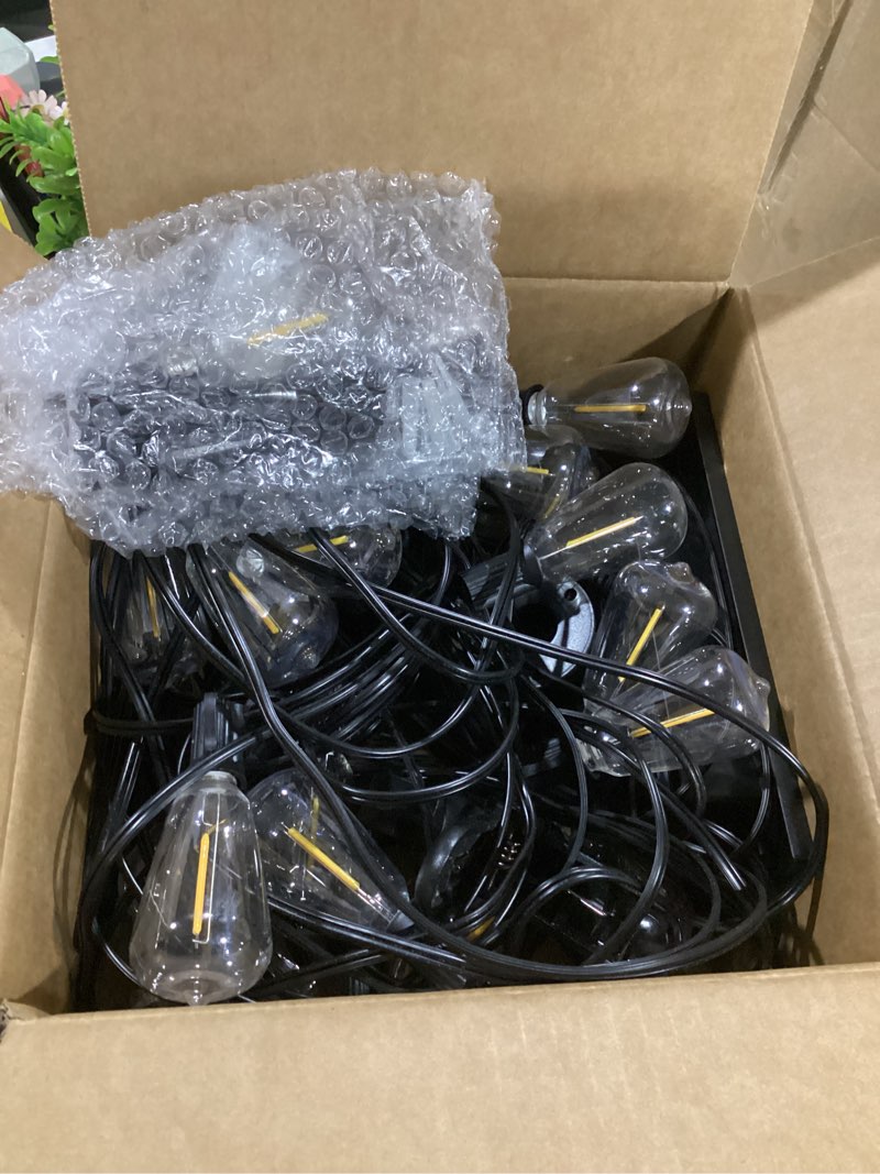 Condition photo showing As Is for brightever 75ft solar string lights outdoor waterproof with remote, 34+1 shatterproof st38 led bulbs, 3 lighting modes & warm white, dimmable outdoor solar lights for backyard, bistro, deck 75ft-34 sockets
