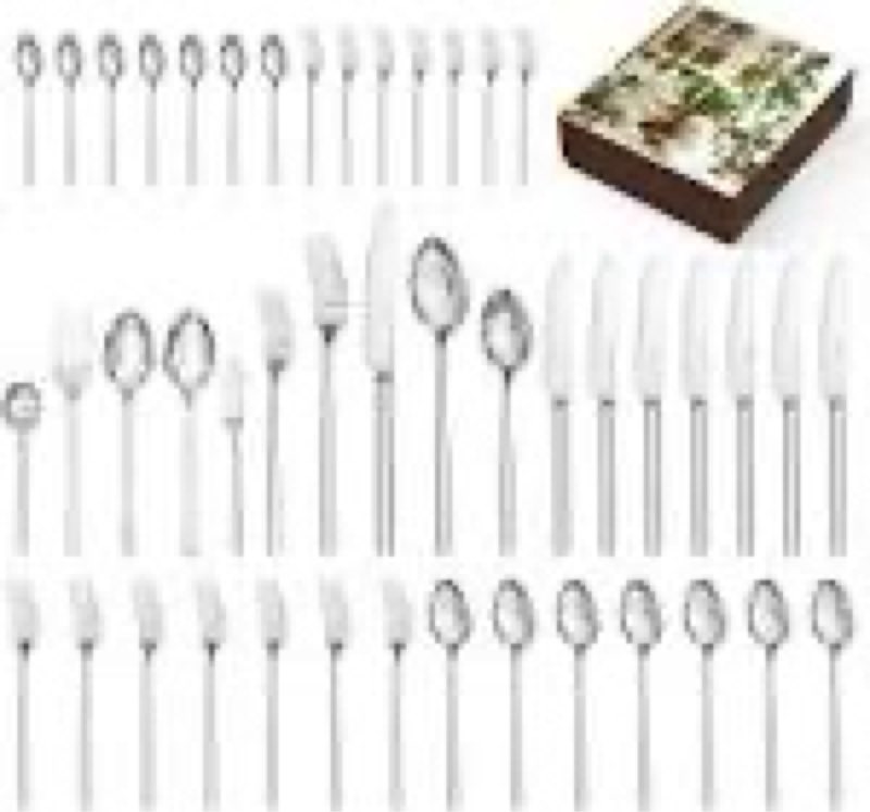 kingstone silverware set with serving utensils, 45 piece flatware set for 8, 18/10 cutlery set with 5 pieces serving utensil set modern and original design dishwasher safe 45 pieces for 8 with gift box silver