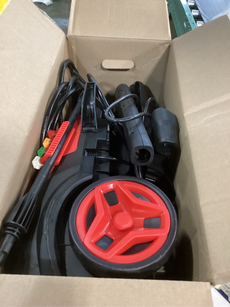 Condition photo showing As Is for electric pressure washer, 2.5 gpm power washer with 4 quick connect nozzles & foam cannon, portable high pressure washer cleaning machine for cars fences driveways patios