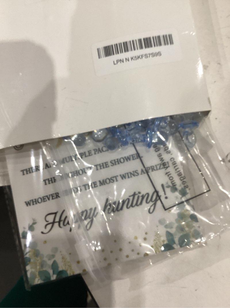 Condition photo showing Good Condition for thyle 51 pcs greenery theme pacifier hunt baby shower games include blue hunt sign and 50 acrylic pacifiers for greenery eucalyptus baby shower game decoration gift sets gender reveal party decor blue greenery