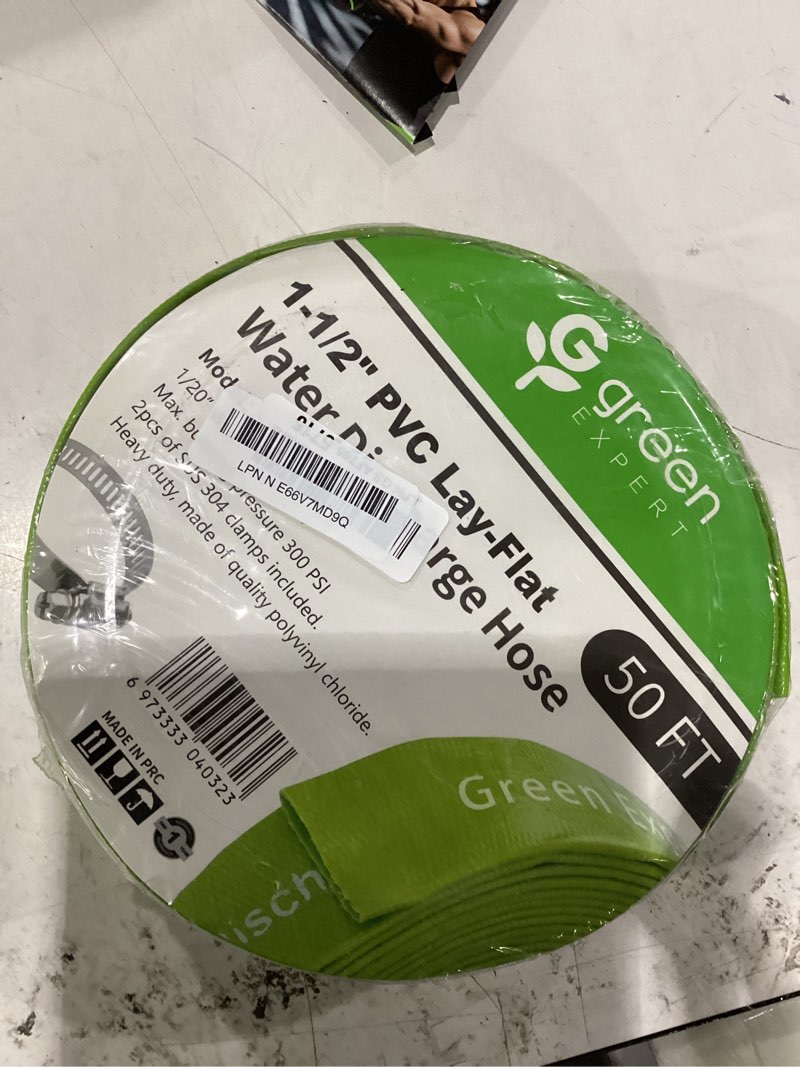 Condition photo showing New/Like New for green expert 1-1/2" id pvc lay-flat discharge hose heavy duty for pump draining pool filter backwash garden pond flooded house water disposal, 50 feet length with steel clamp kit 50.0 feet