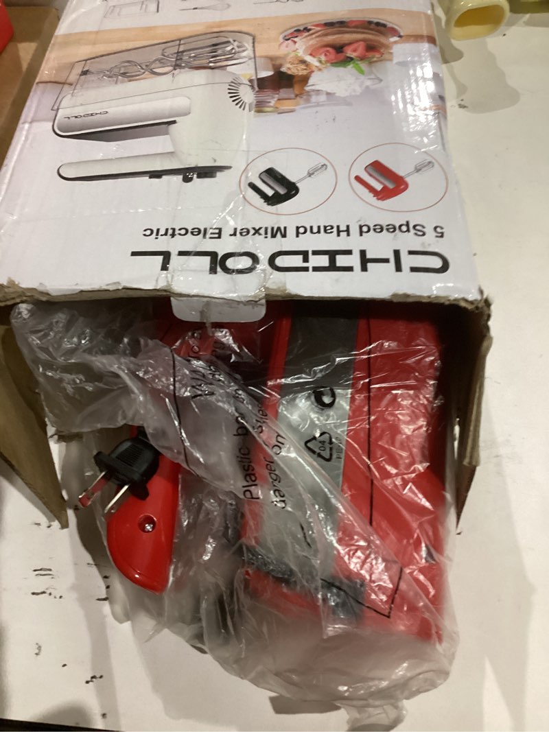 Condition photo showing New/Like New for 5-Speed Electric Hand Mixer, 800W Handheld Mixer with Turbo for Baking & Cooking, Kitchen Food Mixer with Storage Case & 6 Stainless Steel Attachments (2 Beaters, 2 Dough Hooks, 2 Whisks)-Red