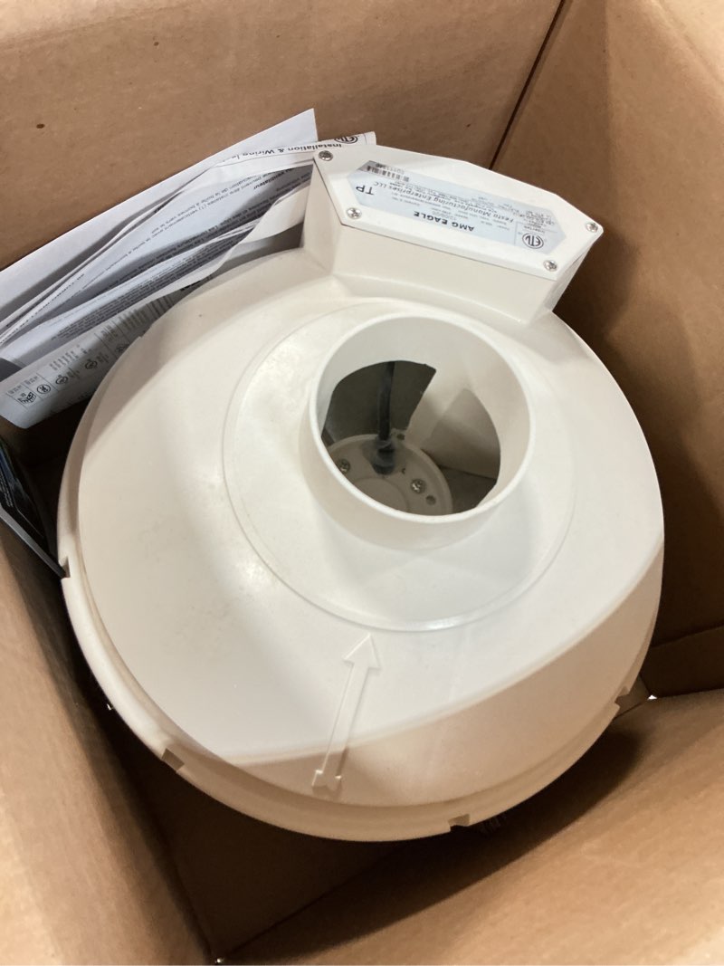 Condition photo showing As Is for Festa AMG Eagle Radon Fan - Quiet and Energy Efficient 241 CFM Radon Mitigation System Inline Fan - 3" Electric Waterproof Inline Duct - Made with Sturdy Glass Reinforced Poly-Resin – White