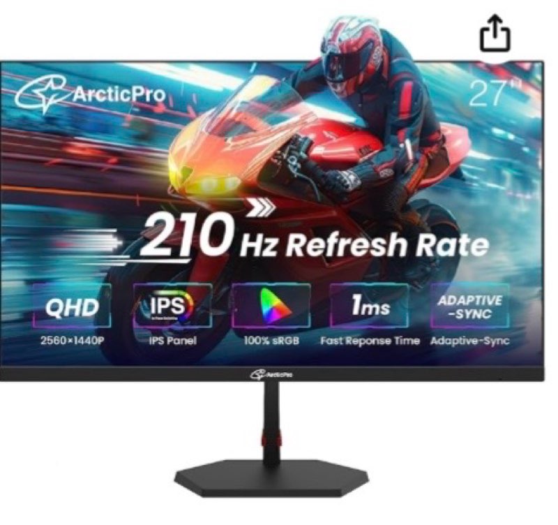 arcticpro 27inch gaming monitor qhd 2560*1440p, 210hz, 2k, ips panel, 1ms response time, adaptive sync, pc computer monitor, 3-sided frameless, ultra slim, 130% srgb, bluelight filter, hdmi *2, dp*2