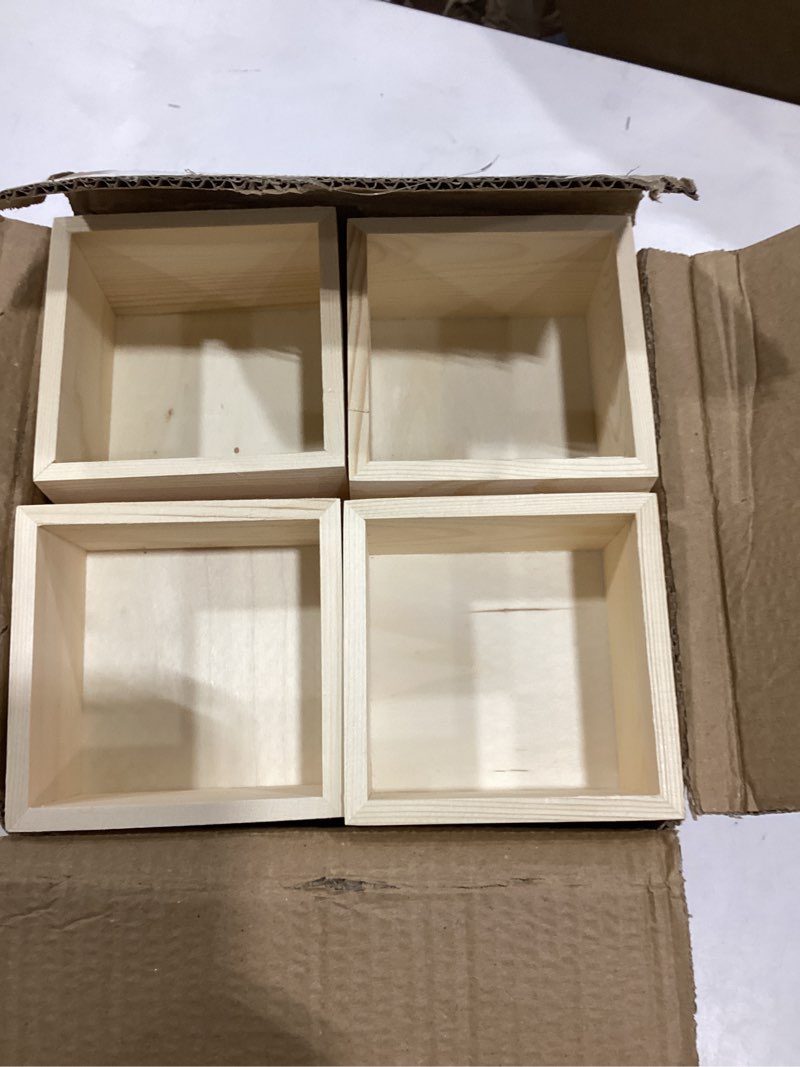 Condition photo showing Good Condition for 10 Pack 4 Inch Square Wood Box Unfinished Small Wooden Boxes for Crafts (Outer 4.1x 4.1x 2.4 IN ,Interior 3.5 x 3.5 x 2.3 IN)