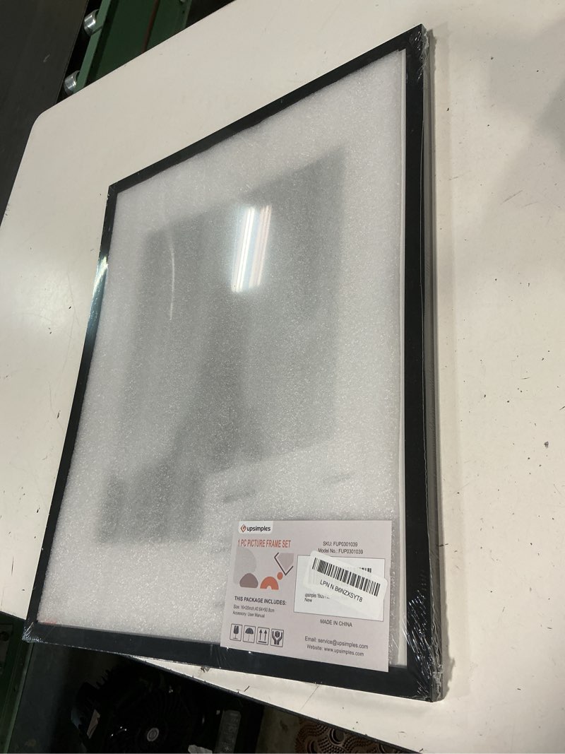 Condition photo showing New/Like New for upsimples 16x20 picture frame, display pictures 11x14 with mat or 16 x 20 without, wall hanging poster frame, black, 1 pack black 16x20