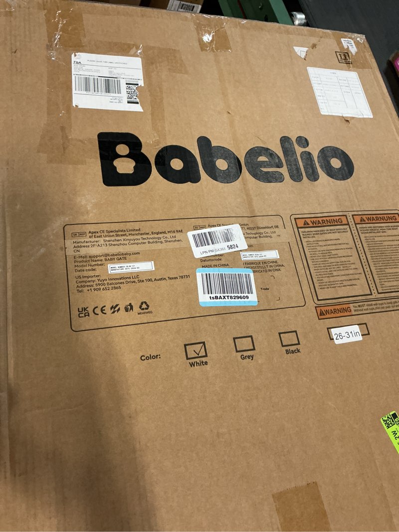 Condition photo showing Good Condition for babelio baby gate for doorways and stairs, 26-31" pet gate with wide walk thru door and lock indicator, no drill pressure mounted safety gate with double lock and self-closing, white white 26-31"w, 30"h