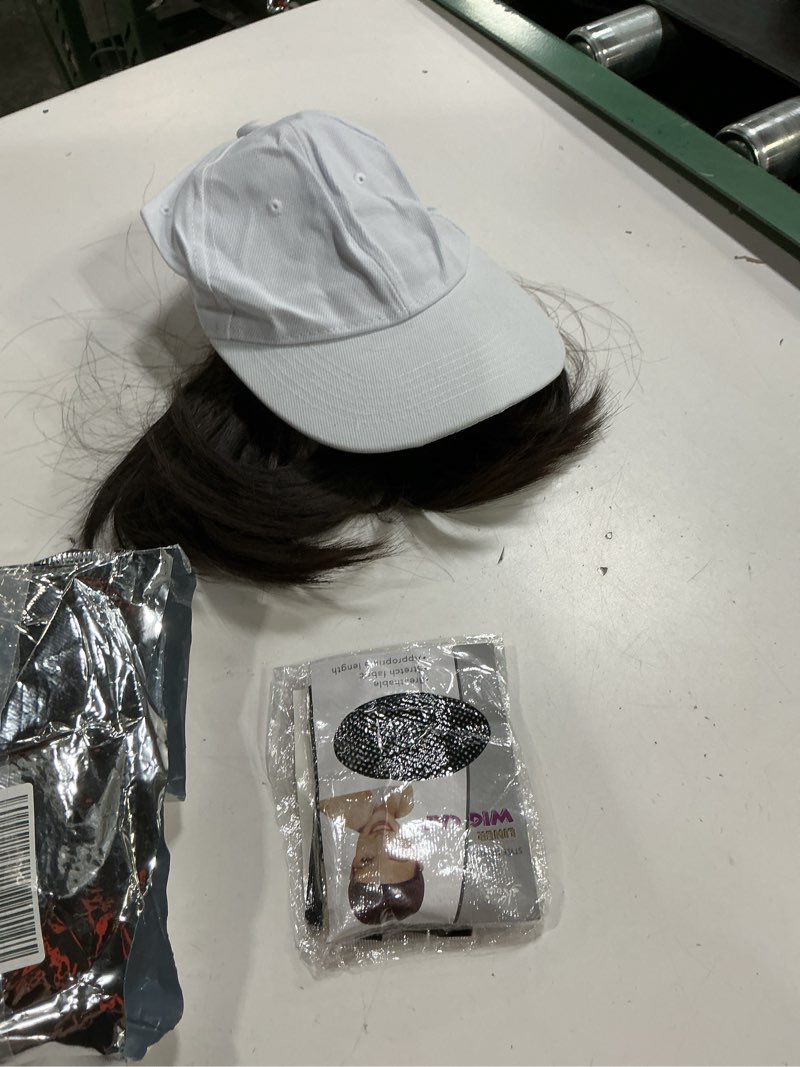 Condition photo showing New/Like New for baseball cap with hair extensions hat wig adjustable hat attached short straight 14" synthetic hairpiece for women dark brown dark brown-s