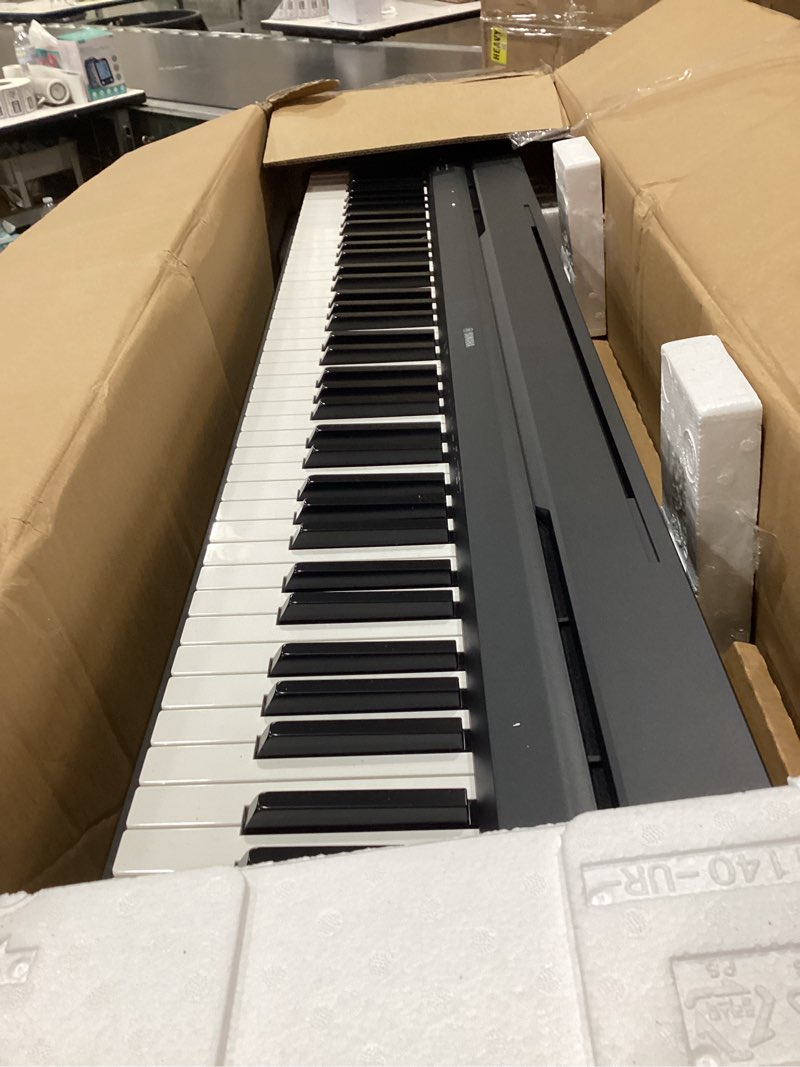 Condition photo showing As Is for yamaha 88-key weighted portable digital piano keyboard with music rest, sustain foot switch, built-in speakers, usb connectivity, black (p45b) p45 black