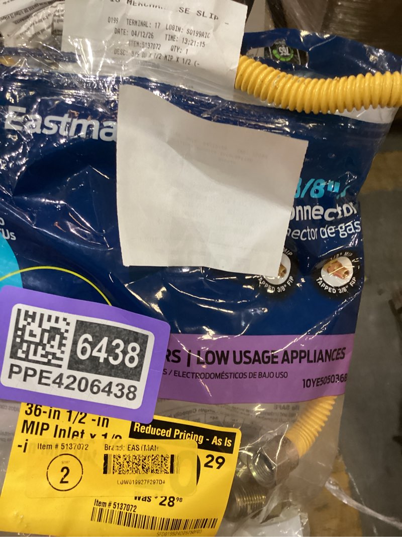 Condition photo showing As Is for eastman 36-in 1/2-in mip inlet x 1/2-in mip outlet stainless steel gas connector