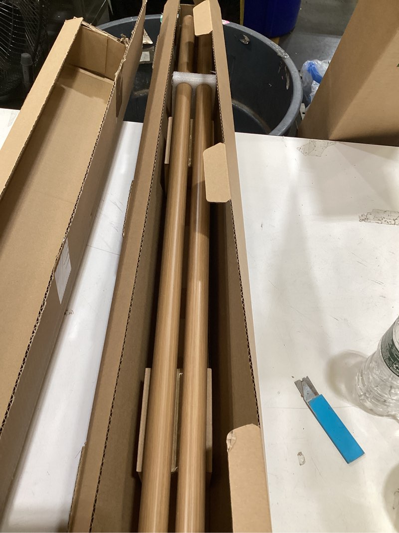 Condition photo showing New/Like New for adjustable 72-144" faux wood curtain rods for window 24-68 ", 1" diameter heavy duty decorative window drapery rod with wood grain leaf finials, farmhouse curtain rod extra long for living room wood grain 1-1/8 inch