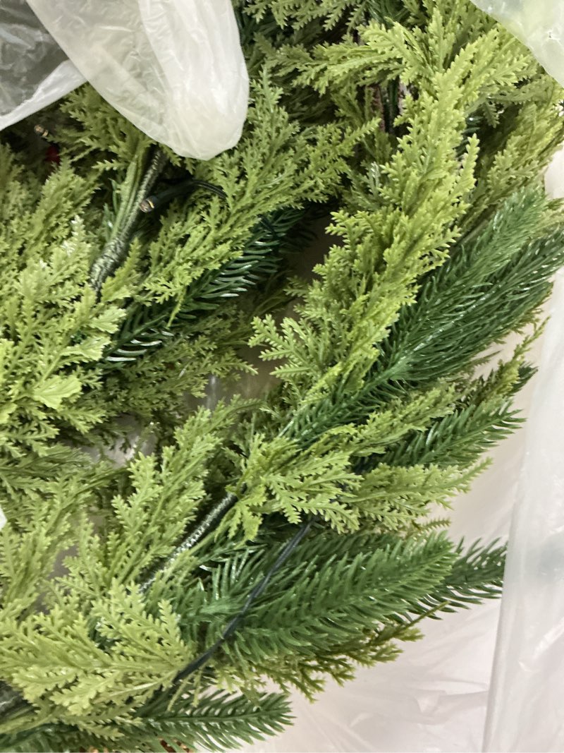 Condition photo showing As Is for Prelit 50LED - 9 Ft by 10 Inch Christmas Garland with Lights Timer, Real Touch Norfolk Pine Cedar Garland 150 Cypress & 50 Norfolk PE Tips Berries Pine Cones for Indoor Fireplace Mantle Table Decor