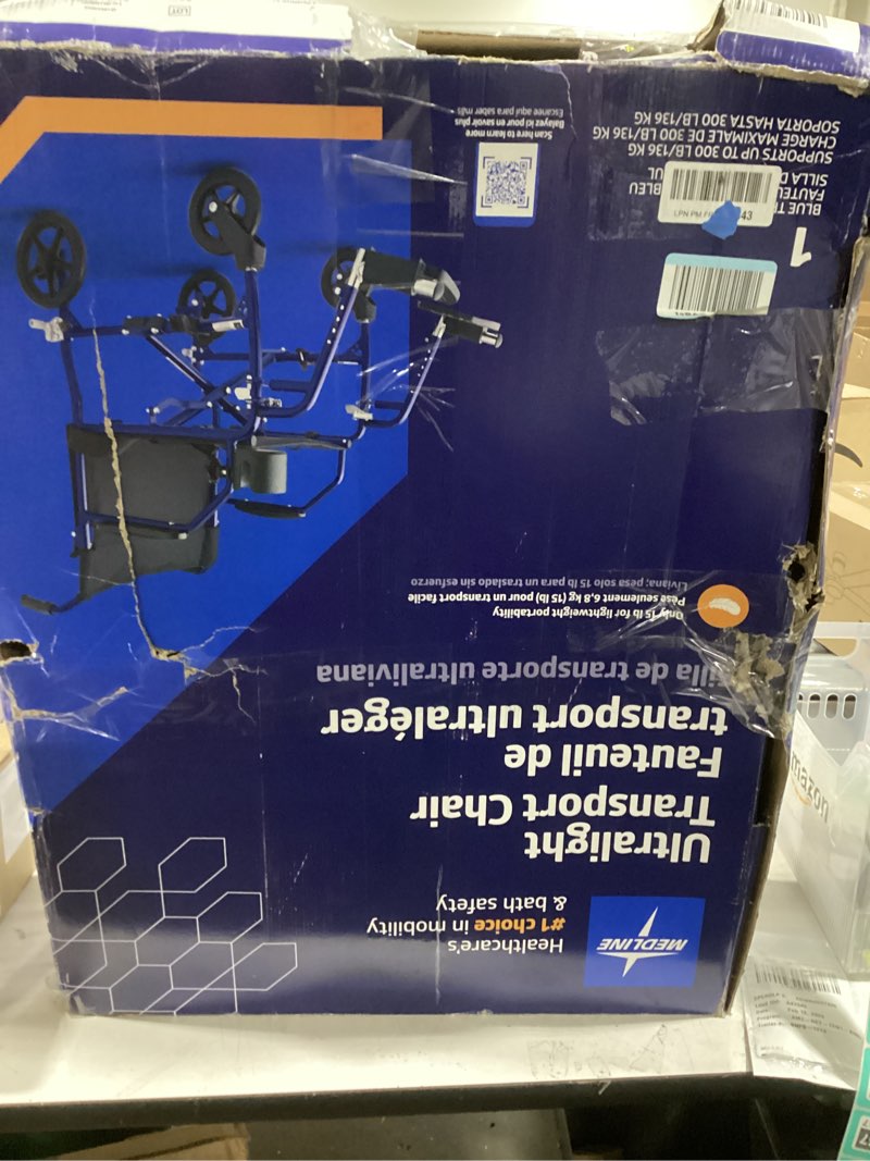 Condition photo showing New/Like New for Medline Ultra Lightweight Transport Wheelchair for Adults  Foldable  19-Inch Seat Width  Blue Frame  Black Upholstery