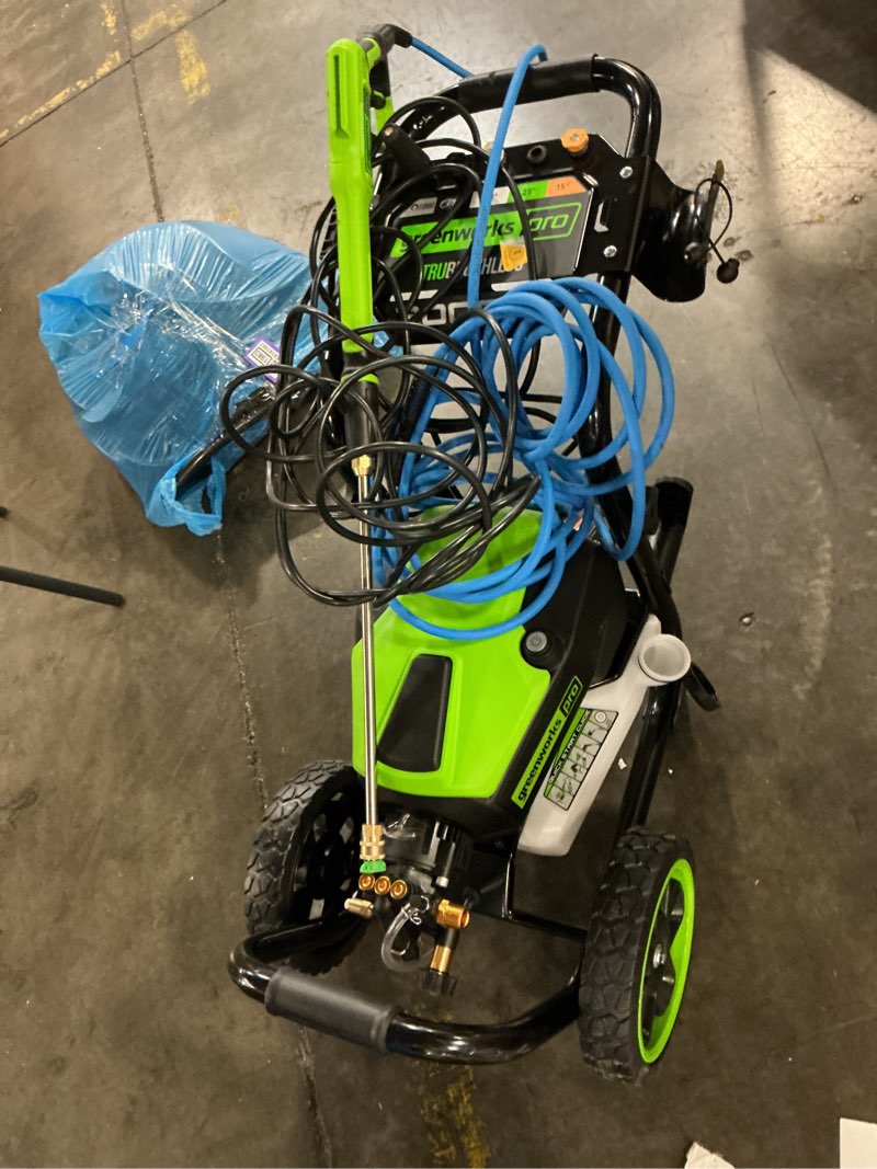 Condition photo showing As Is for greenworks 3000-psi 2.0-gpm cold water electric pressure washer with 5 spray tips
