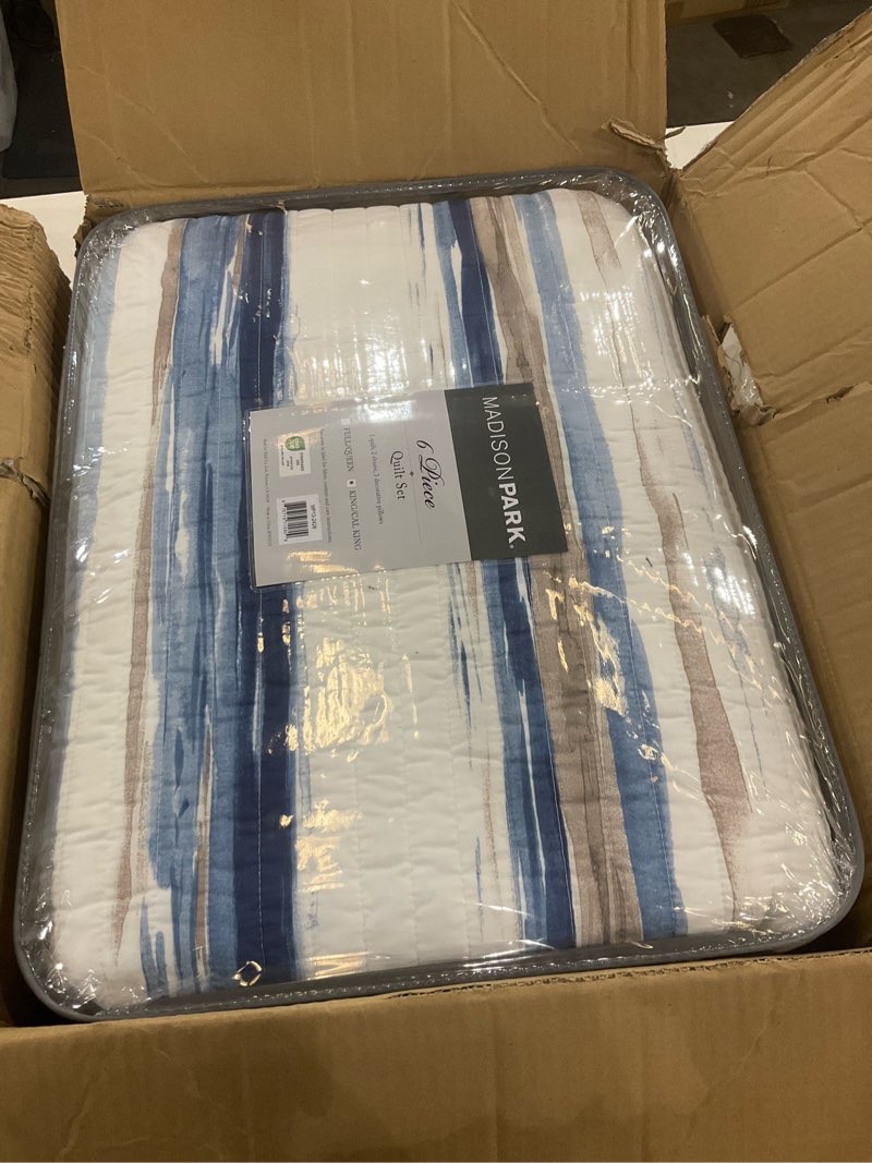 Condition photo showing New/Like New for Madison Park Quilt Set Cottage Coastal Design, 6 Piece Set - All Season, Coverlet Bedspread Lightweight Bedding Layer, Shams, Toss Pillows, King/Cal King(104"x94"), Blue/White