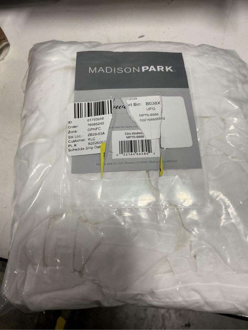 Condition photo showing New/Like New for madison park grace extra long ruffle shower curtain, 72"x 84", white | farmhouse cottage top, machine washable, shabby chic ruffled decor fabric, privacy screen, solid color bathroom curtains