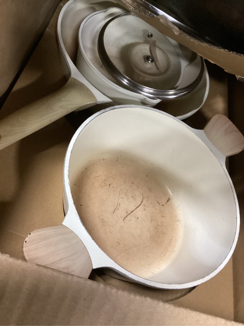 Condition photo showing As Is for ewfen 25 pcs pots and pans set, nonstick ceramic cookware sets, healthy non-toxic, large capacity, induction compatible, cooking set with frying pans & saucepans, pfas/ptfe/pfoa free, cream white 25-piece (white)