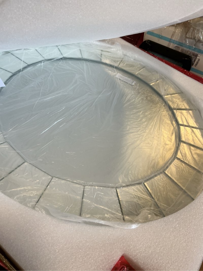 Round Decorative Mirror Wall: 32 inch Large Silver Vanity with Sunburst Glass Frame Edge and Back, Modern Home Mirrored Art Accent Decor for Bathroom Bedroom Living Room