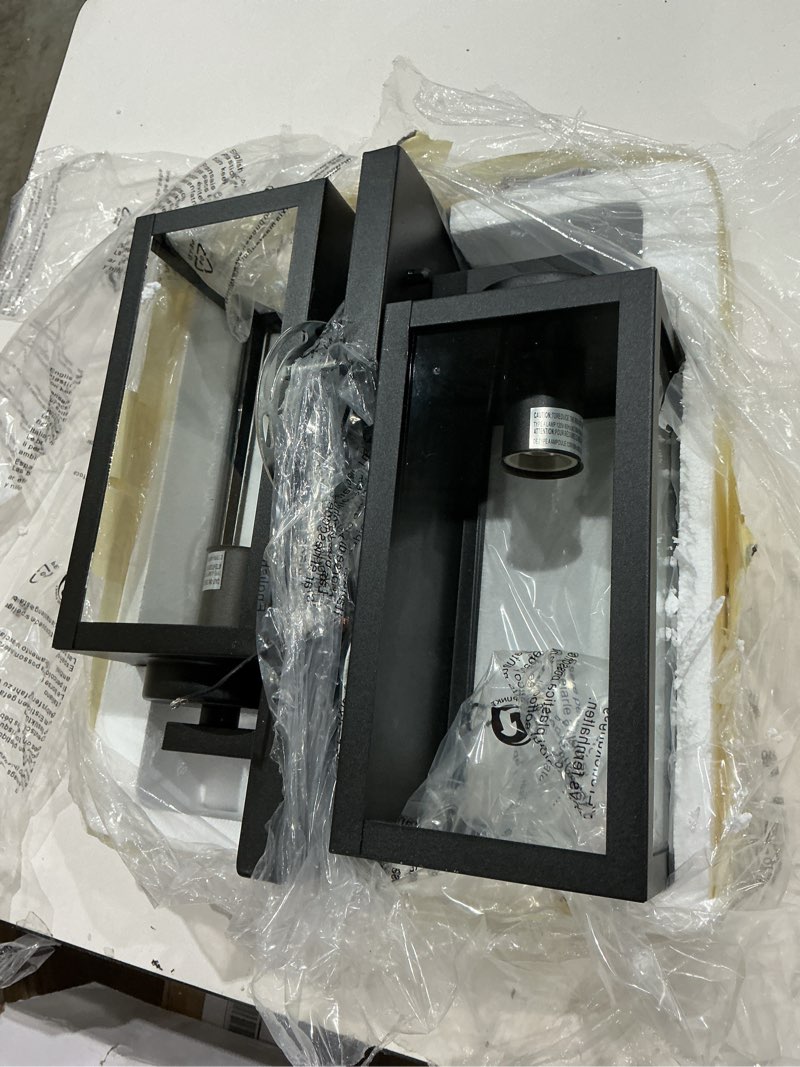 Condition photo showing As Is for 2 packs beslowe outdoor wall mount light fixture, exterior wall lantern waterproof, black outside porch sconce lighting with matte black finish & glass shade for house garage doorway patio, e26 socket