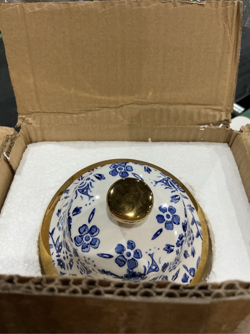 Condition photo showing As Is for blue and white porcelain ginger jar with lid, modern home decor (medium)