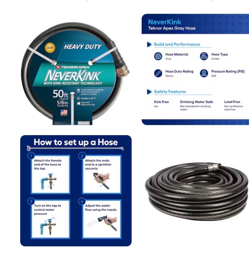 NeverKink Teknor Apex 5/8-in x 50-ft Heavy -Duty Kink Free Vinyl Gray Coiled Hose