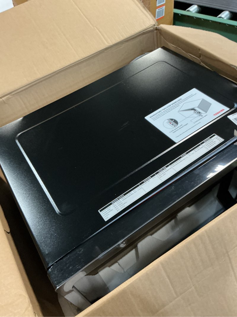 Condition photo showing As Is for toshiba ml-em45p(bs) countertop microwave oven with smart sensor and 13.6" removable position memory turntable, sound on/off function, 1200w, 1.6 cu.ft, black stainless steel sensor-1.6 cu.ft.