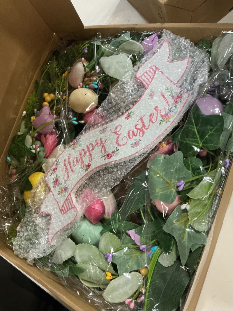 Condition photo showing New/Like New for bibelot 24 inch easter wreath for front door, tulip easter egg wreath with colorful berries, spring floral wreaths for home wall window farmhouse decor round