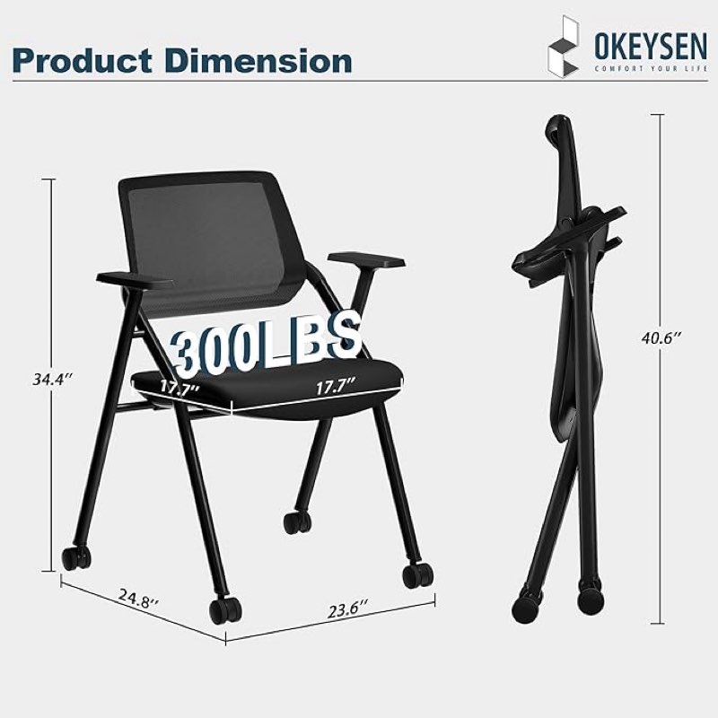 Okeysen 2 Pack Stackable & Foldable Conference Room Chairs, Mesh Guest Reception Chair with Arms, Office Chair with Ergonomic Bouncing Back for Meeting, Guest & Reception, Training & Waiting Room