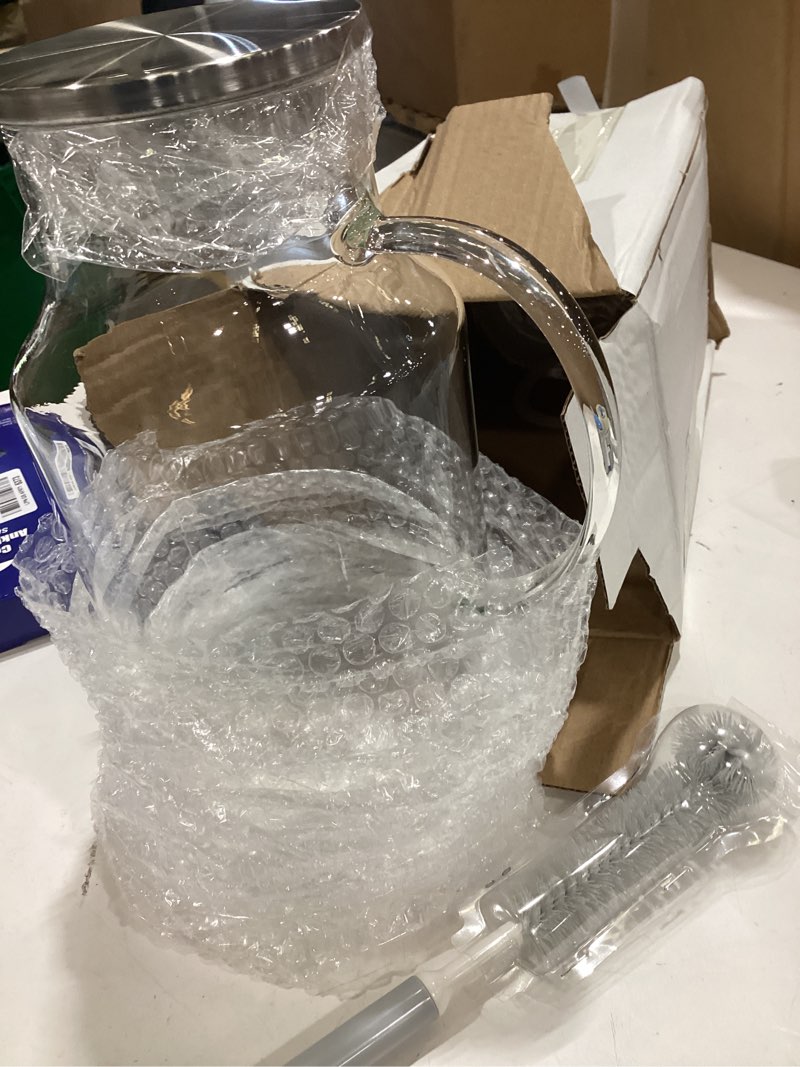 Condition photo showing Good Condition for 1 gallon/3.8l glass pitcher with lid, extra large water carafe jug, borosilicate glass iced tea pitcher, glass water pitcher with silicone base, leak-proof ring & cleaning brush included (transparent)