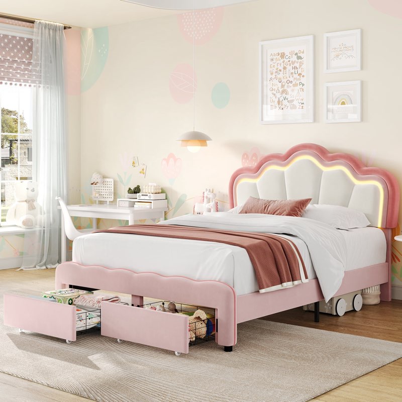 *may be missing pieces*unsure on size*Homfa Full Size LED Bed Frame with Drawer, Velvet Upholstered Platform Bed with Adjustable Petal Headboard, Pink