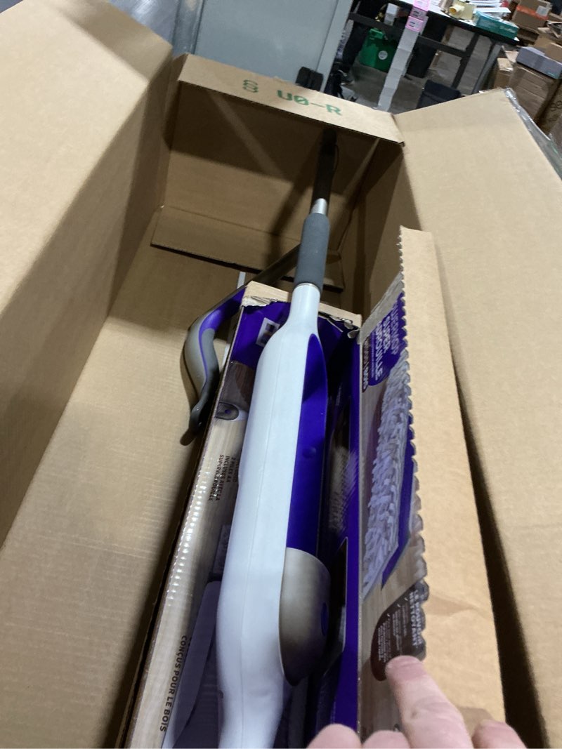 Condition photo showing As Is for Swiffer Power Mop Wood, Hardwood Floor Cleaner for Mopping Home, Bathroom, Kitchen, All Purpose Multi-Surface Cleaning Set includes PowerMop Wood, 2 Pads, 1 QuickDry Lemon Solution, & 2 Batteries