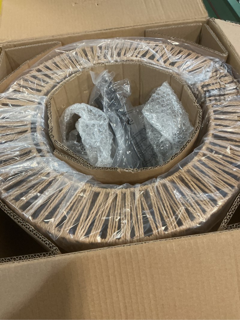Condition photo showing New/Like New for 19" boho rattan chandelier for dining room light fixture, 5-light hand woven wicker pendant light fixture, farmhouse rustic hanging black chandelier for dining room, kitchen island, living, bedroom brown rope & black 19 inch