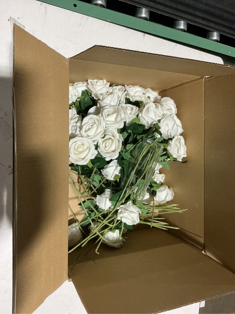 Condition photo showing Good Condition for HyeFlora 50 PCS White Roses Artificial Flowers, Fake Roses with Stems Realistic Silk Roses for DIY Wedding Bouquets Tables Centerpieces Arrangements Party Baby Shower Birthday Home Decor Gift for Her