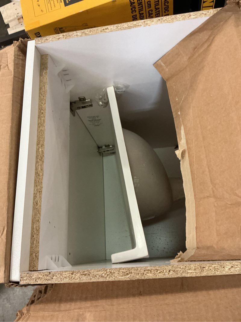 Condition photo showing As Is for project source 18-in white single sink bathroom vanity with white cultured marble top