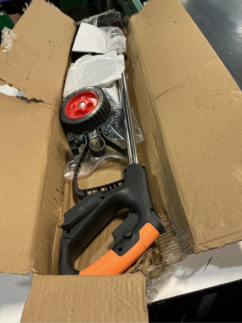 Condition photo showing As Is for electric weed wacker cordless eater no string trimmer battery powered, 3 in 1 lightweight grass trimmer/brush cutter/lawn edger with wheels,metal blade&charger, stringless weed trimmer for garden yard