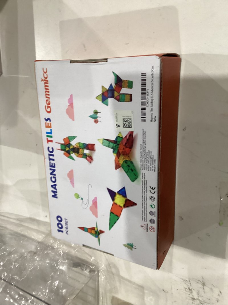Condition photo showing New/Like New for Gemmicc 100 PCS Magnetic Tiles with 2 Cars, STEM Approved Educational Magnet BuildingToys, Magnet Puzzles Stacking Blocks for Boys Girls
